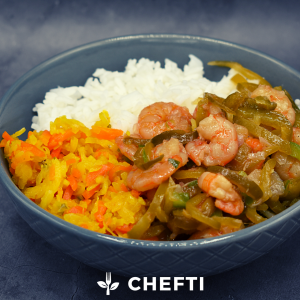 crevettes aux tamarins, riz et achards de légumes, martinique